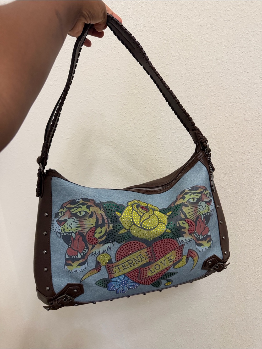 Ed Hardy Brown and Denim Shoulder Bag with Tiger & Rose Embroidery
